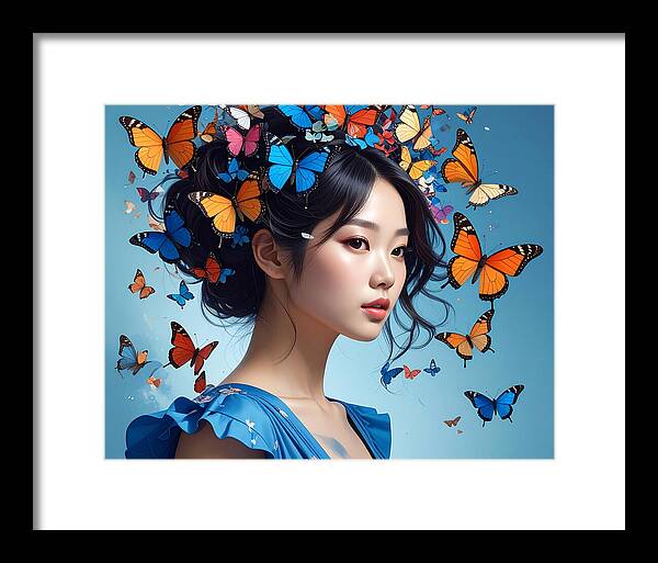 Woman with Colorful Butterflies - Framed Print