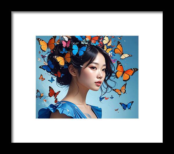Woman with Colorful Butterflies - Framed Print