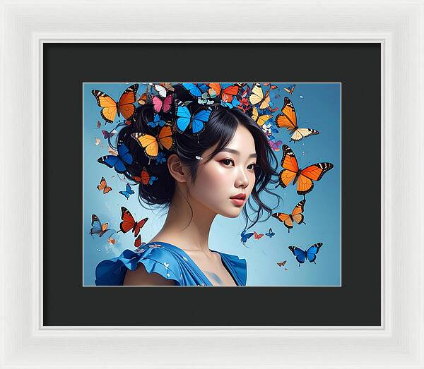 Woman with Colorful Butterflies - Framed Print