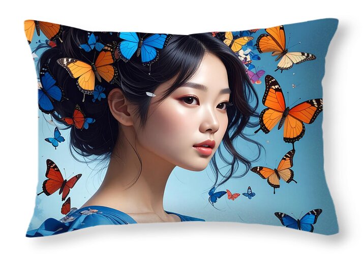 Woman with Colorful Butterflies - Throw Pillow