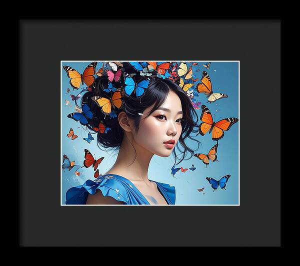 Woman with Colorful Butterflies - Framed Print