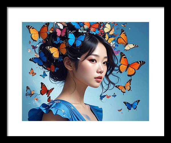 Woman with Colorful Butterflies - Framed Print