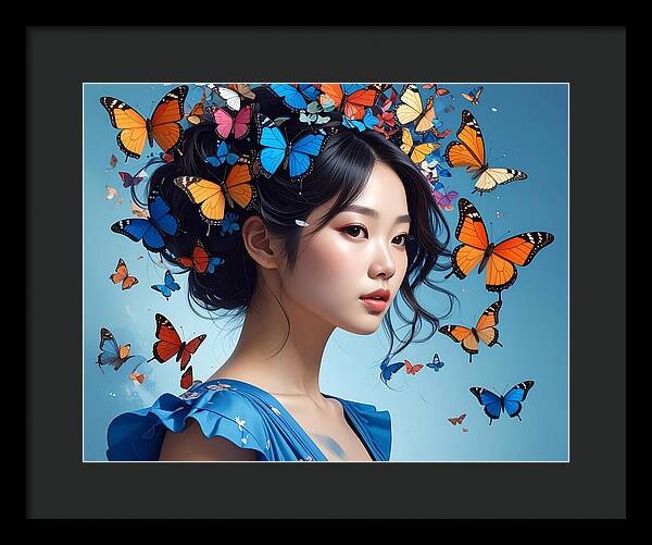 Woman with Colorful Butterflies - Framed Print