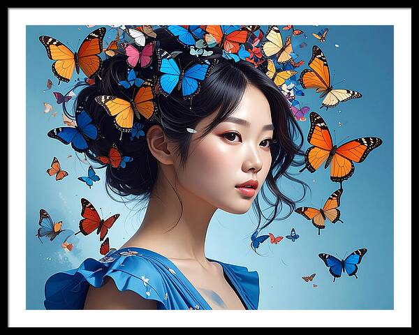 Woman with Colorful Butterflies - Framed Print