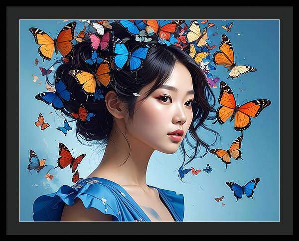 Woman with Colorful Butterflies - Framed Print