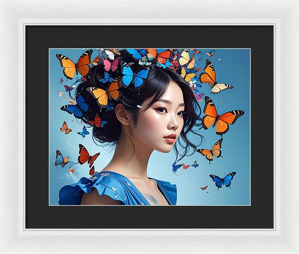 Woman with Colorful Butterflies - Framed Print