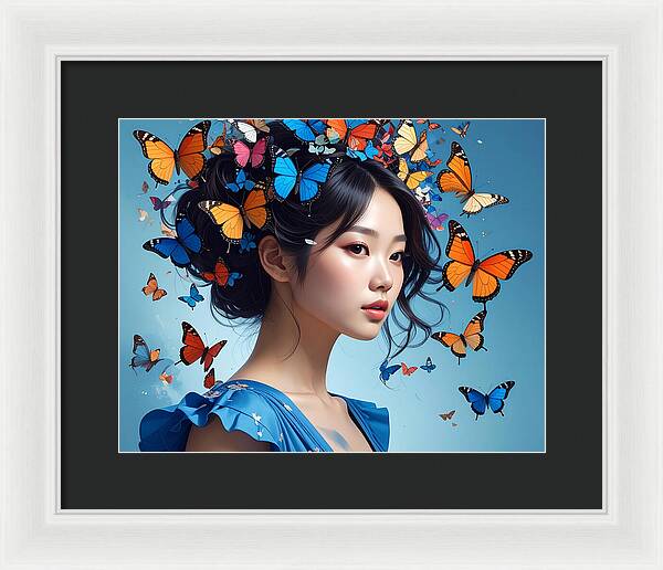 Woman with Colorful Butterflies - Framed Print