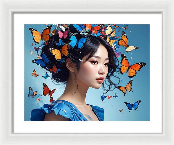 Woman with Colorful Butterflies - Framed Print