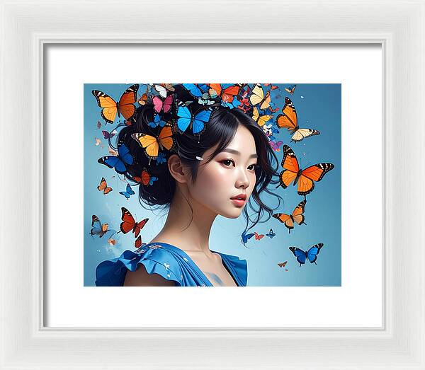 Woman with Colorful Butterflies - Framed Print