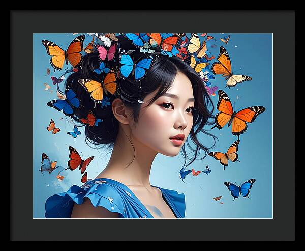Woman with Colorful Butterflies - Framed Print