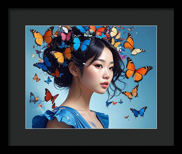 Woman with Colorful Butterflies - Framed Print