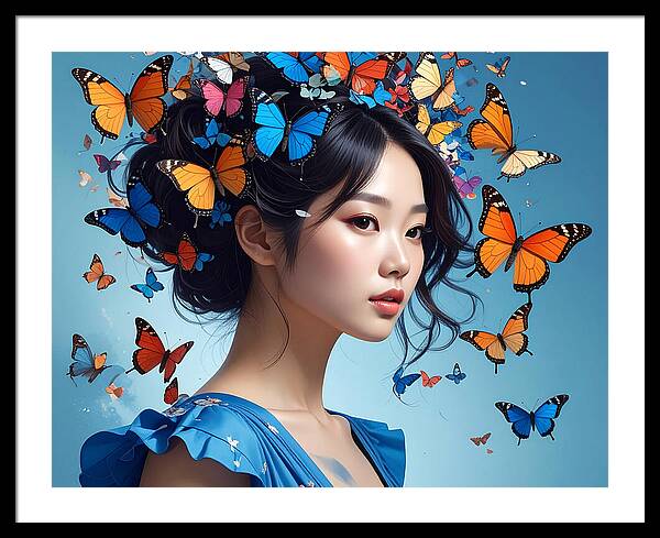 Woman with Colorful Butterflies - Framed Print