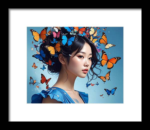 Woman with Colorful Butterflies - Framed Print