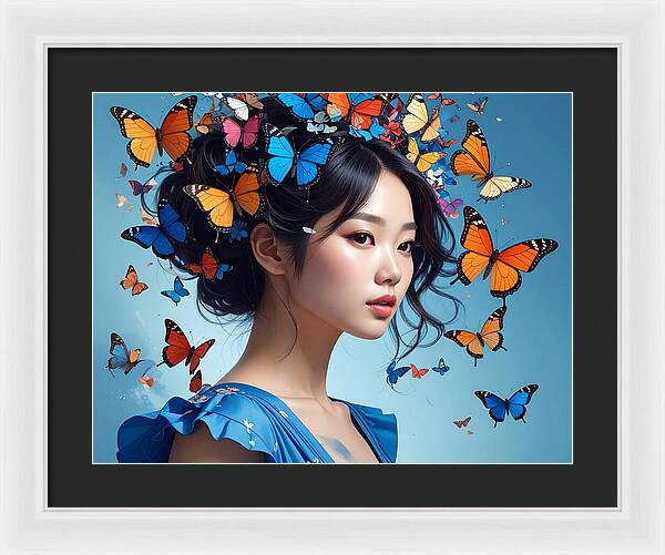 Woman with Colorful Butterflies - Framed Print