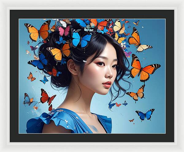 Woman with Colorful Butterflies - Framed Print