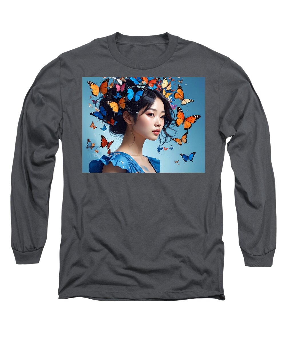 Woman with Colorful Butterflies - Long Sleeve T-Shirt