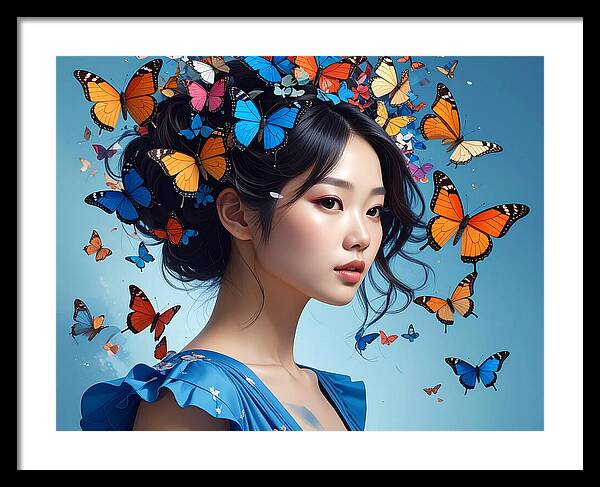 Woman with Colorful Butterflies - Framed Print