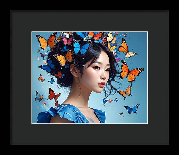 Woman with Colorful Butterflies - Framed Print