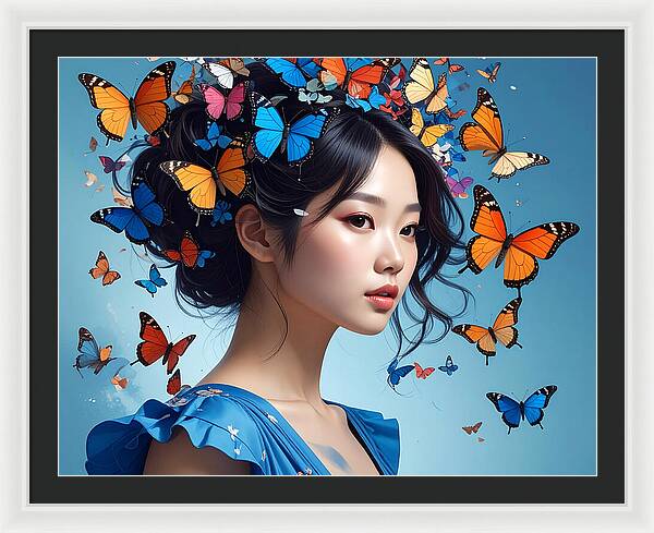 Woman with Colorful Butterflies - Framed Print