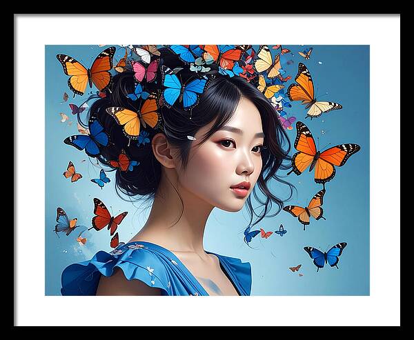 Woman with Colorful Butterflies - Framed Print