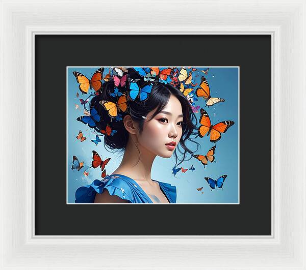 Woman with Colorful Butterflies - Framed Print