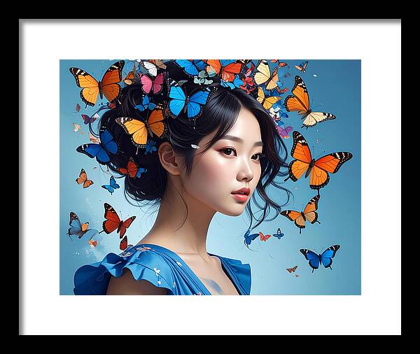 Woman with Colorful Butterflies - Framed Print