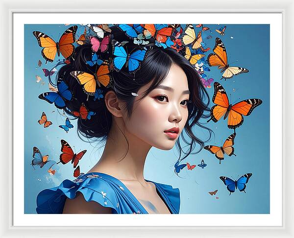 Woman with Colorful Butterflies - Framed Print
