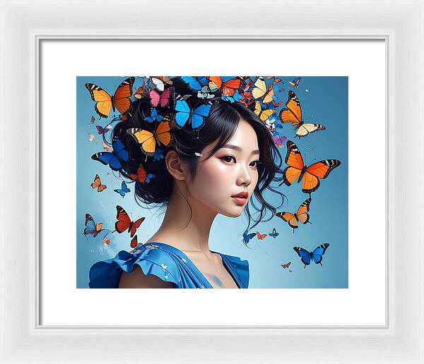 Woman with Colorful Butterflies - Framed Print