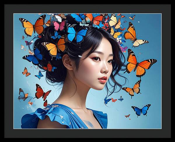 Woman with Colorful Butterflies - Framed Print