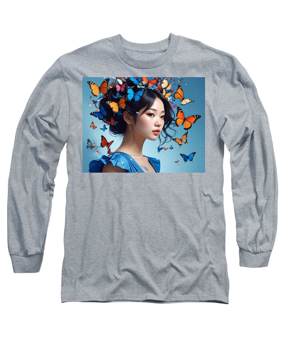 Woman with Colorful Butterflies - Long Sleeve T-Shirt