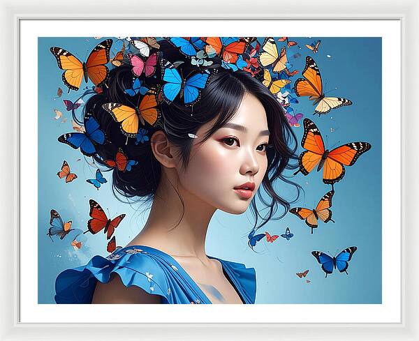 Woman with Colorful Butterflies - Framed Print