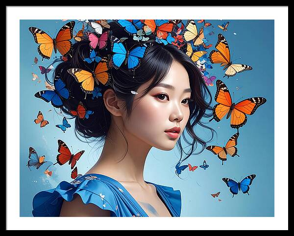 Woman with Colorful Butterflies - Framed Print