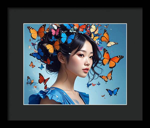 Woman with Colorful Butterflies - Framed Print