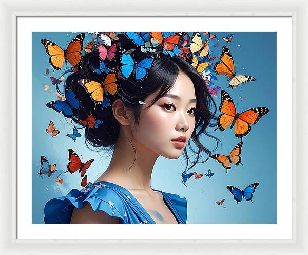 Woman with Colorful Butterflies - Framed Print