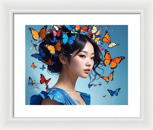 Woman with Colorful Butterflies - Framed Print