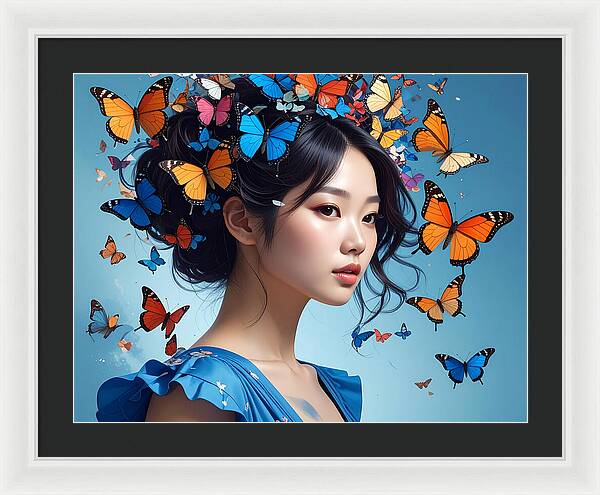 Woman with Colorful Butterflies - Framed Print