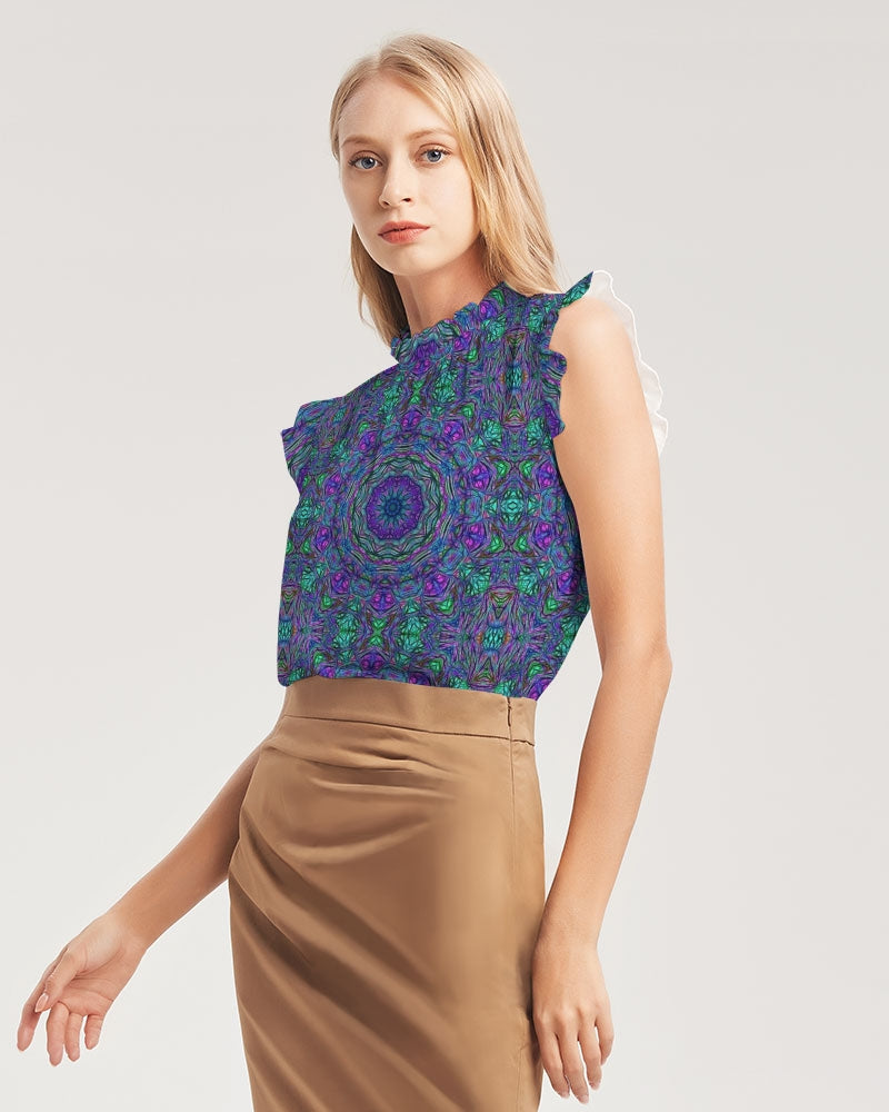 Blue Green Purple Kaleidoscope Women's Ruffle Sleeve Top