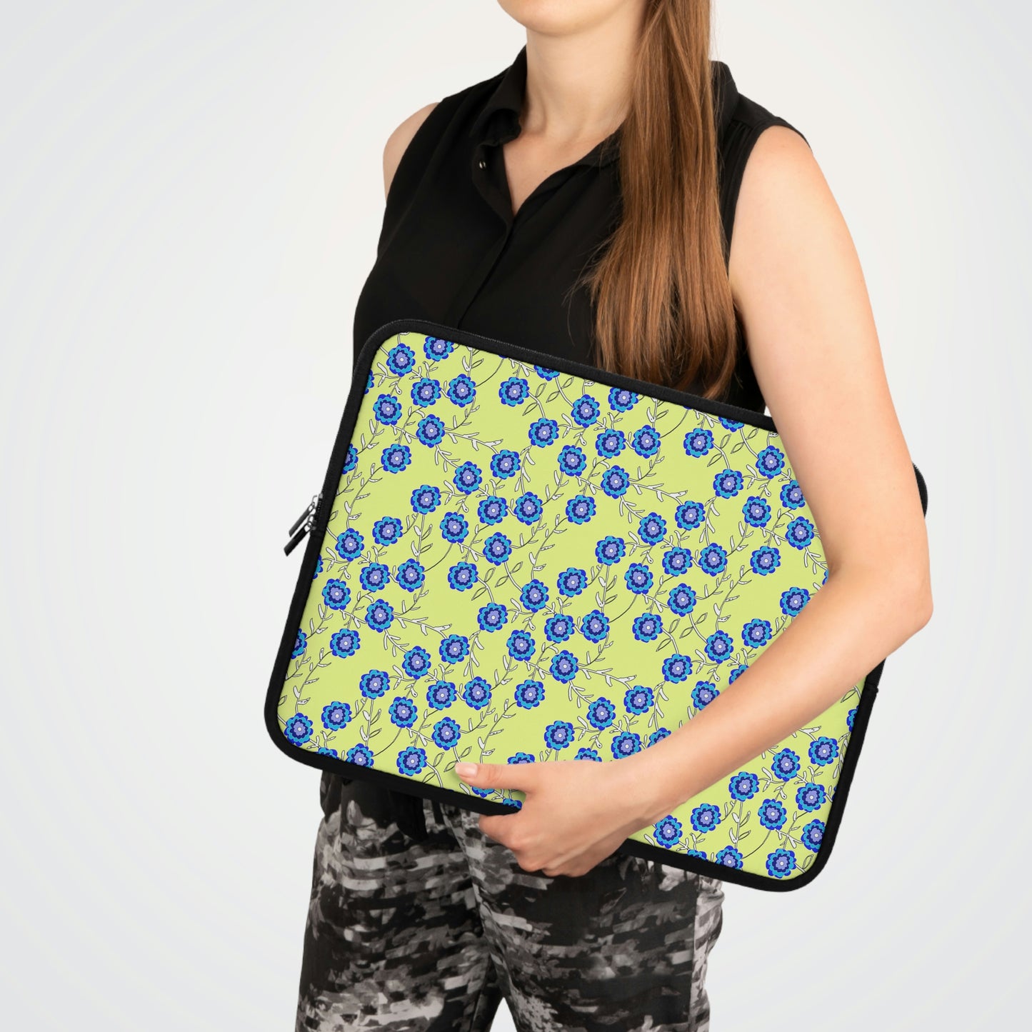 Blue Flowers On Yellow Laptop Sleeve