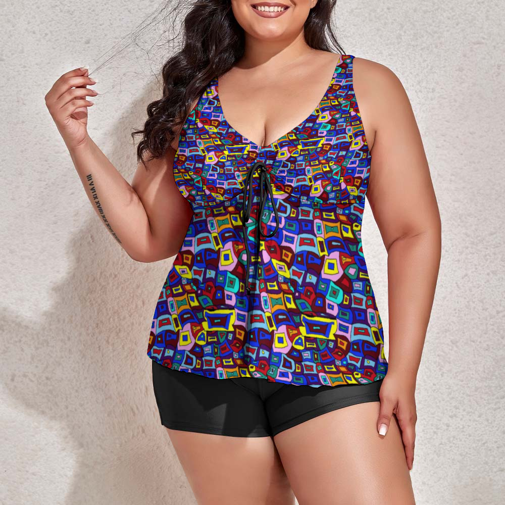 Wavy Square Pattern Custom Women's Plus Size Two Piece Swimsuit Stylish Swimwear