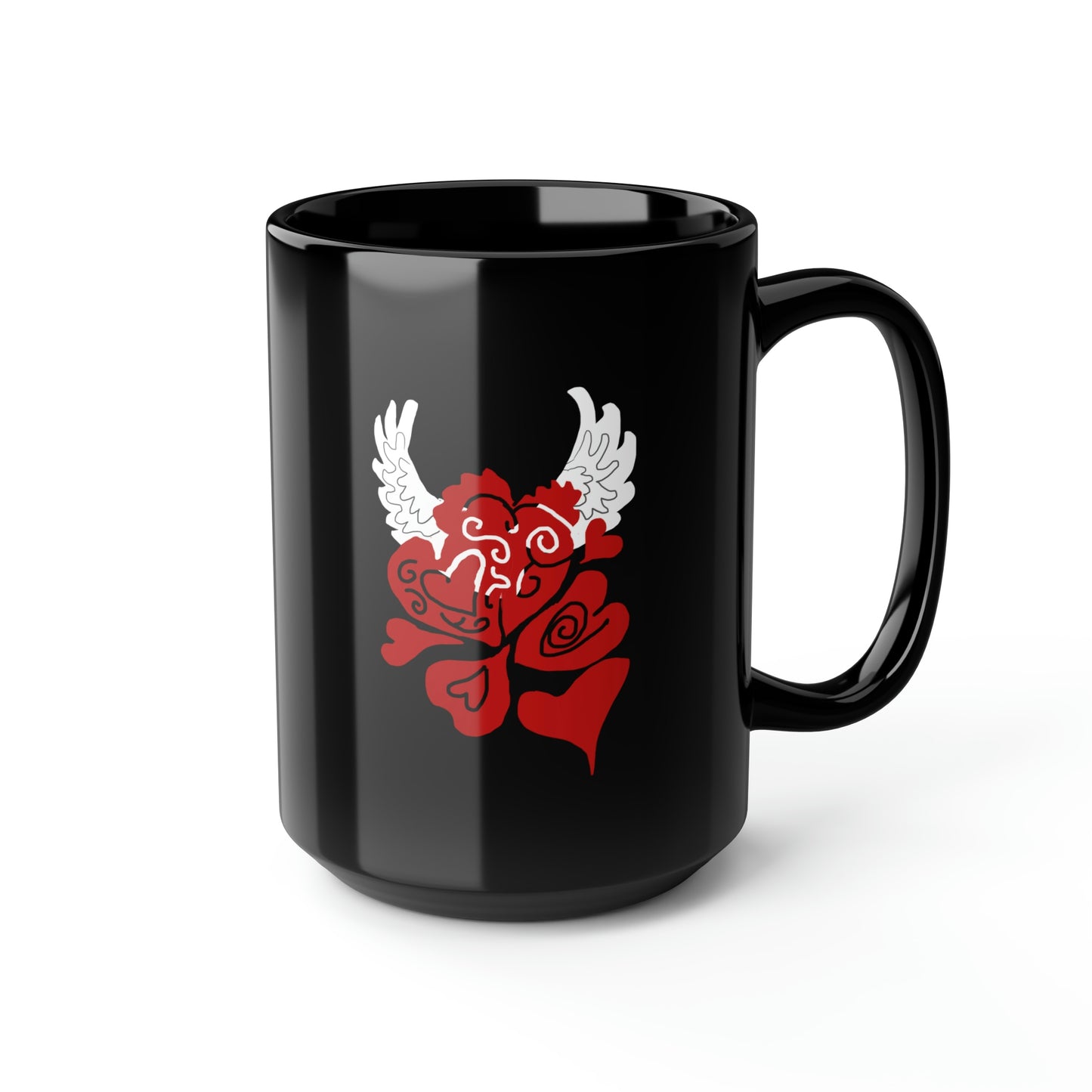 Hearts and Wings Black Mug, 15oz