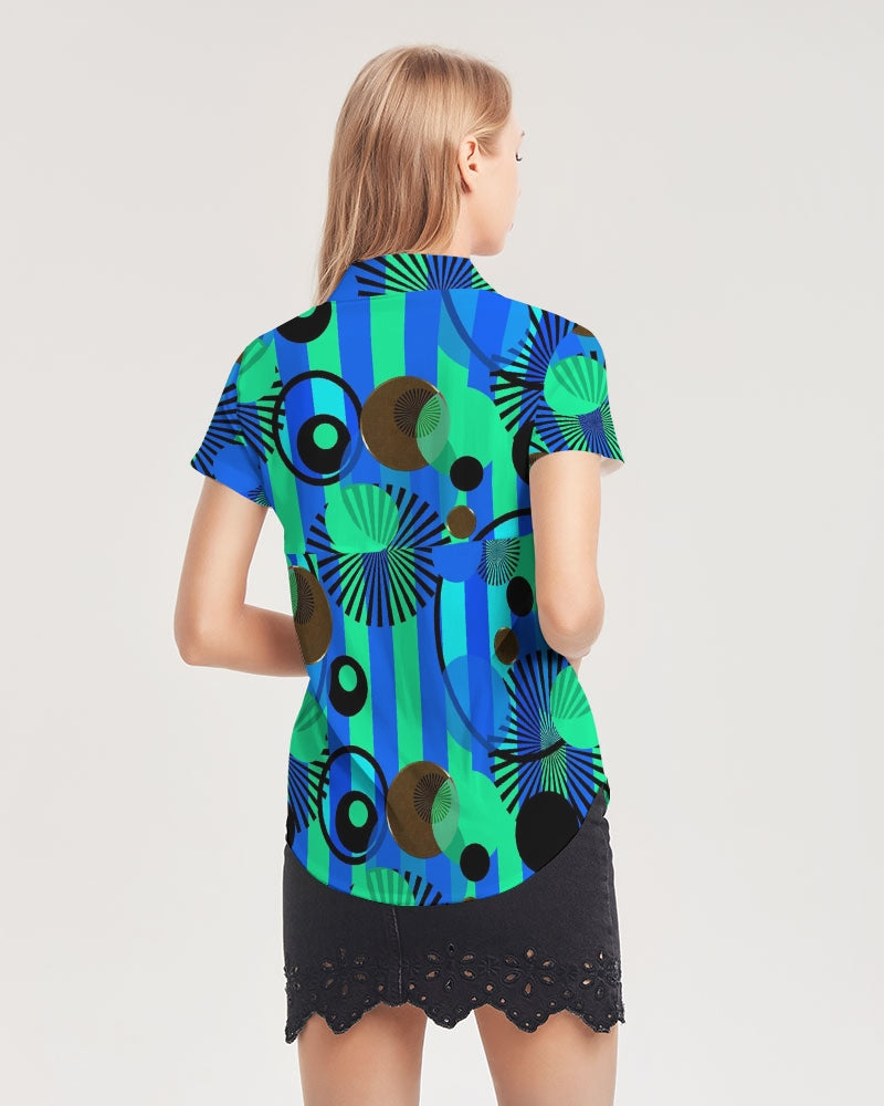 Blue Green Stripes and Dots Women's Short Sleeve Button Up