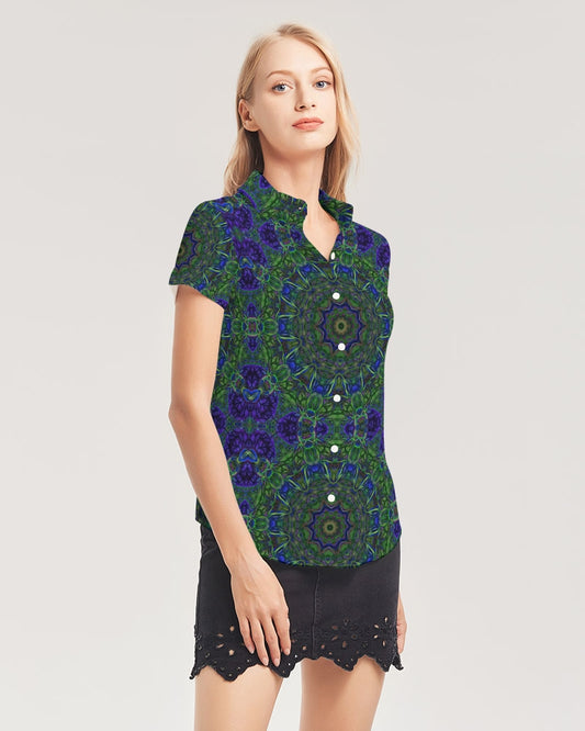blue Green Ribbon Kaleidoscope Women's Short Sleeve Button Up