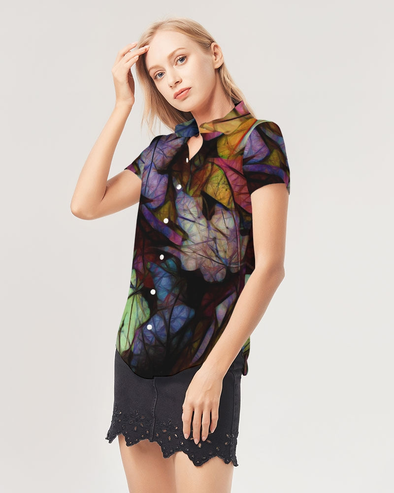 Fall Leaves Abstract Women's Short Sleeve Button Up