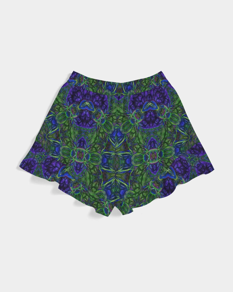 blue Green Ribbon Kaleidoscope Women's Ruffle Shorts