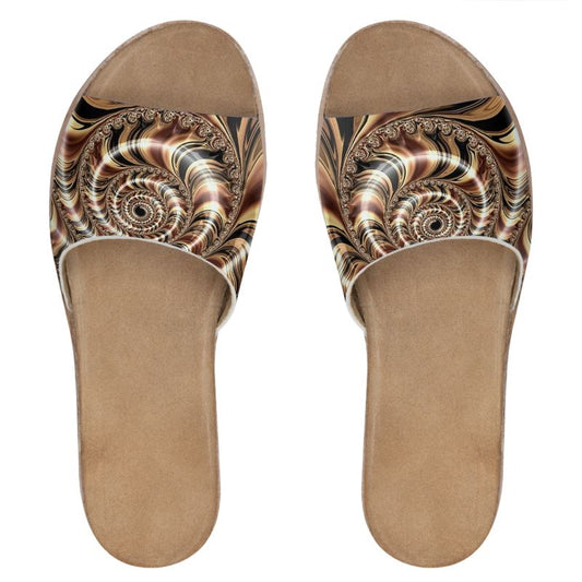 Chocolate Swirls Fractal Leather Sliders