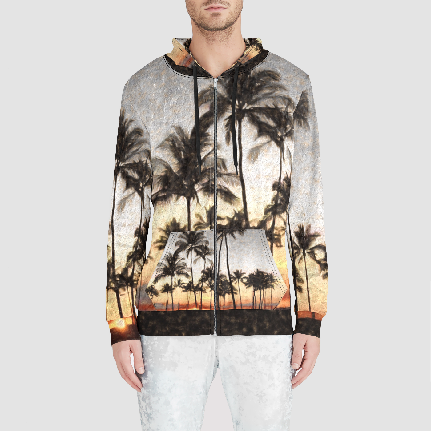 Hawaiian Sunset Rock Painting Unisex Zip Relaxed Velvet Hoodie