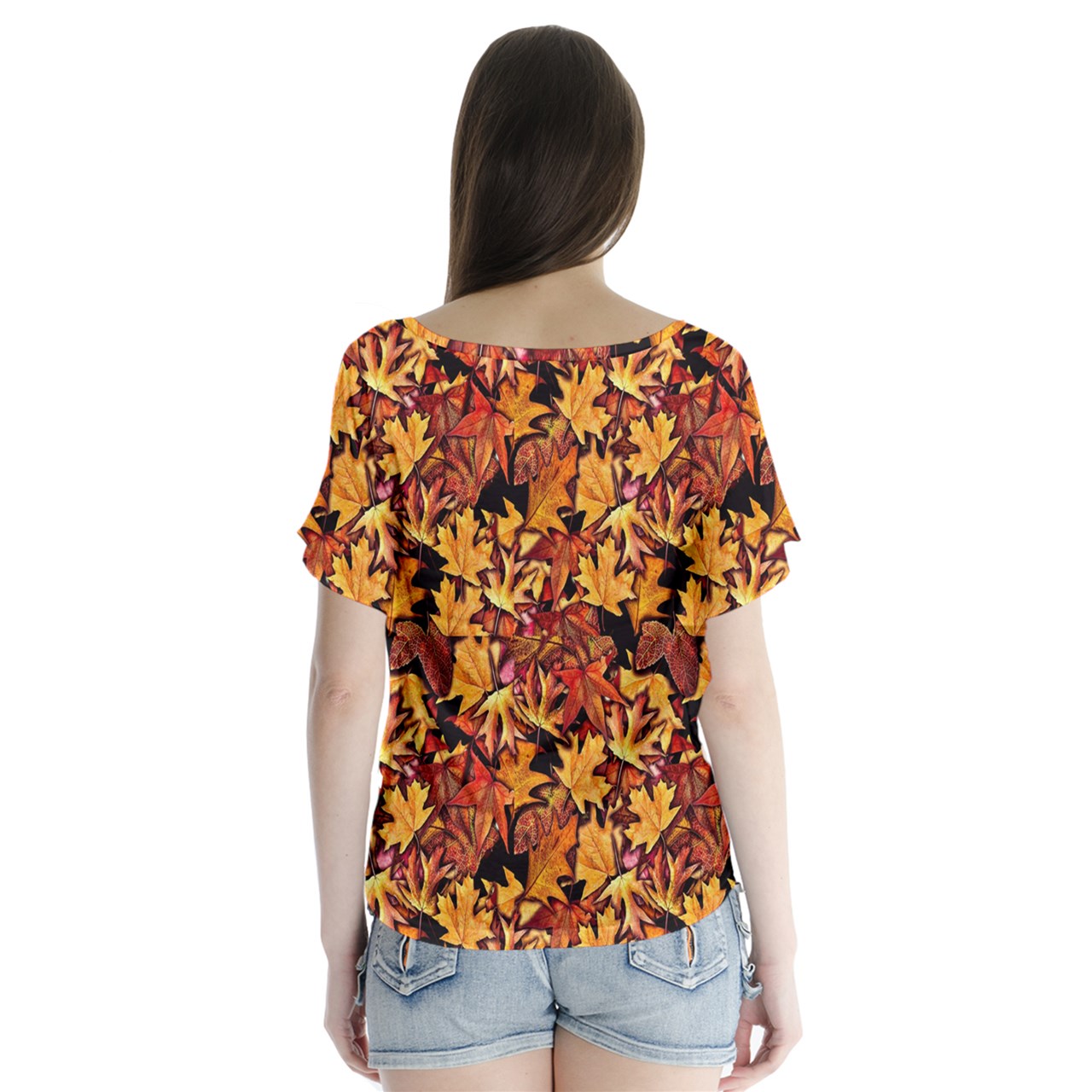 Fall Leaves Pattern V-Neck Flutter Sleeve Top