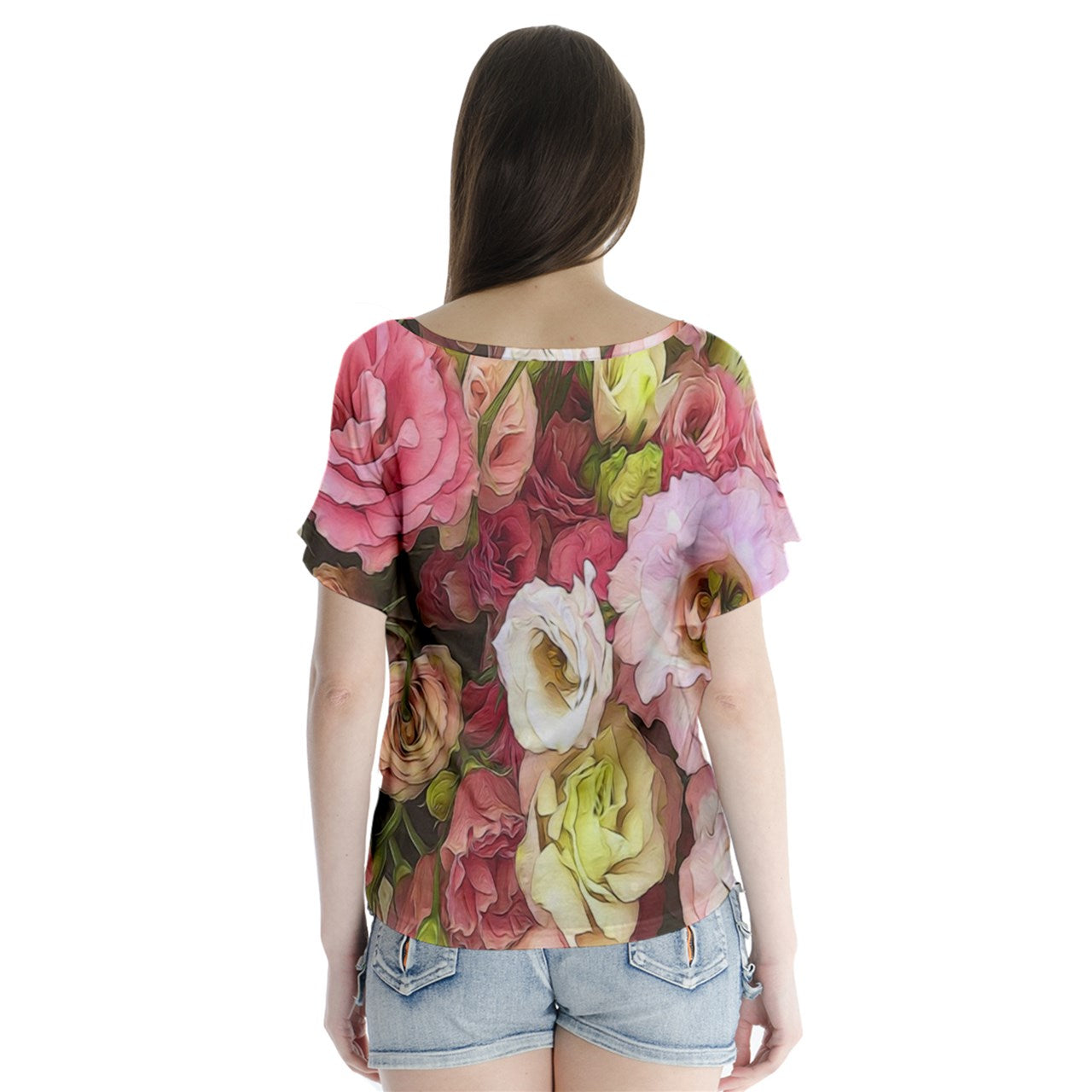 Pink Lisianthus Flowers V-Neck Flutter Sleeve Top