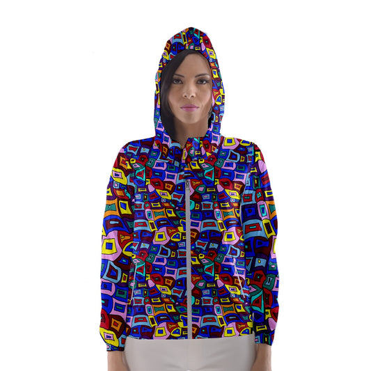 Wavy Square Pattern Women's Hooded Windbreaker