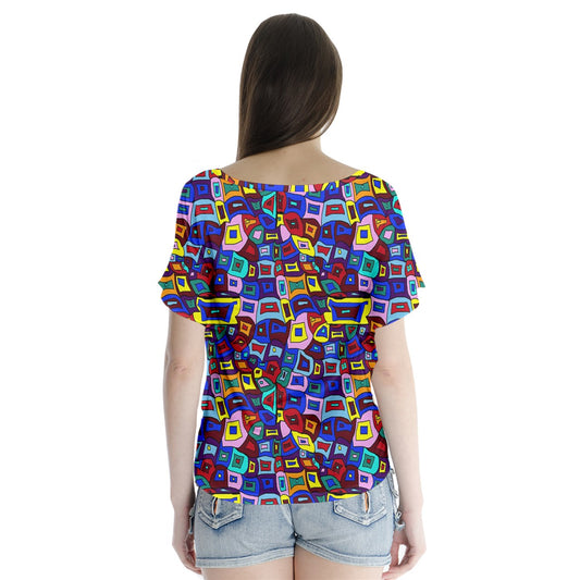 Wavy Square Pattern V-Neck Flutter Sleeve Top